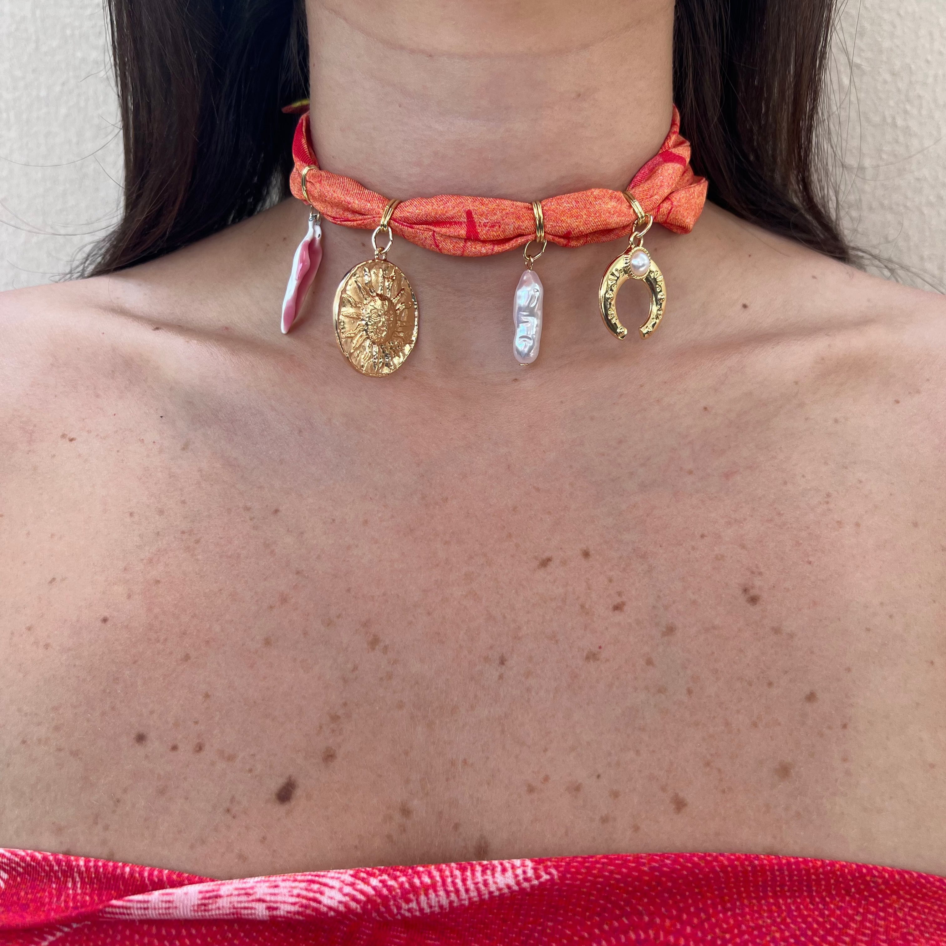 pink silk fabric choker necklace with charms 