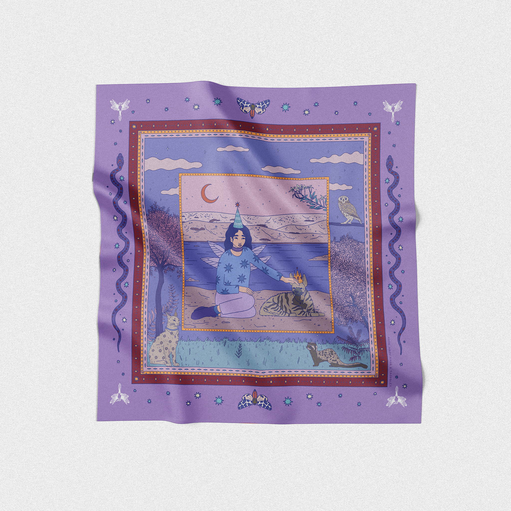 Purple scarf with a colorful design of a person and animals by artist ahlan my darlings