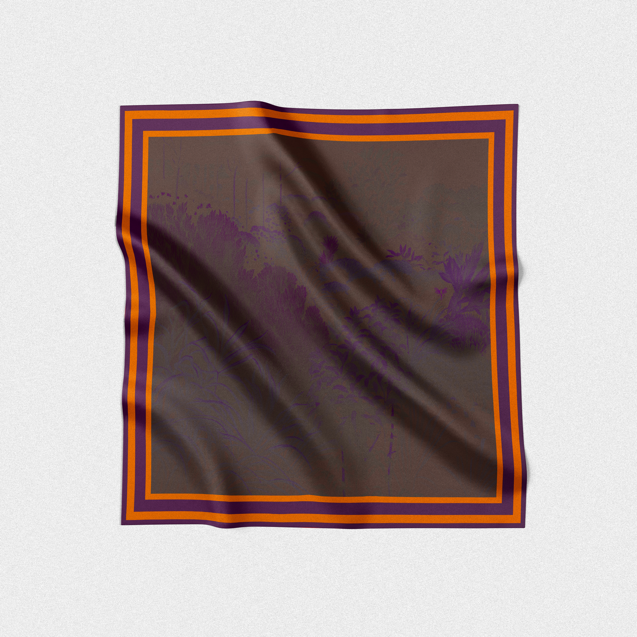 Silk twill square scarf designed by artist. La foret noire design purple brown and orange print