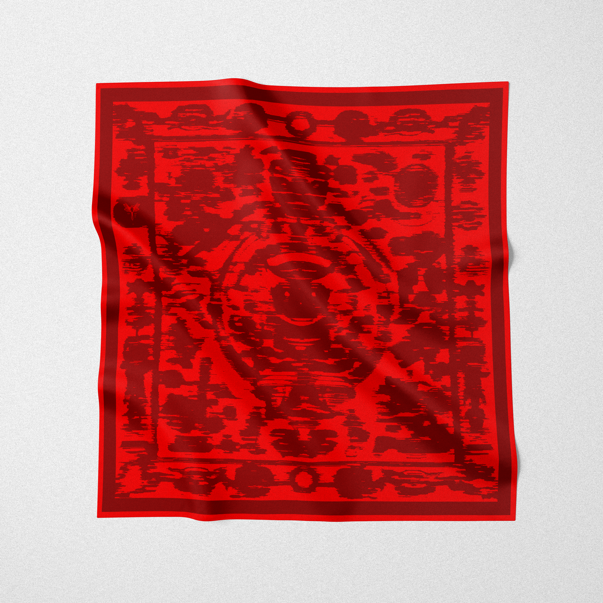 Silk twill square scarves designed by artists. Le labyrinthe design in red print