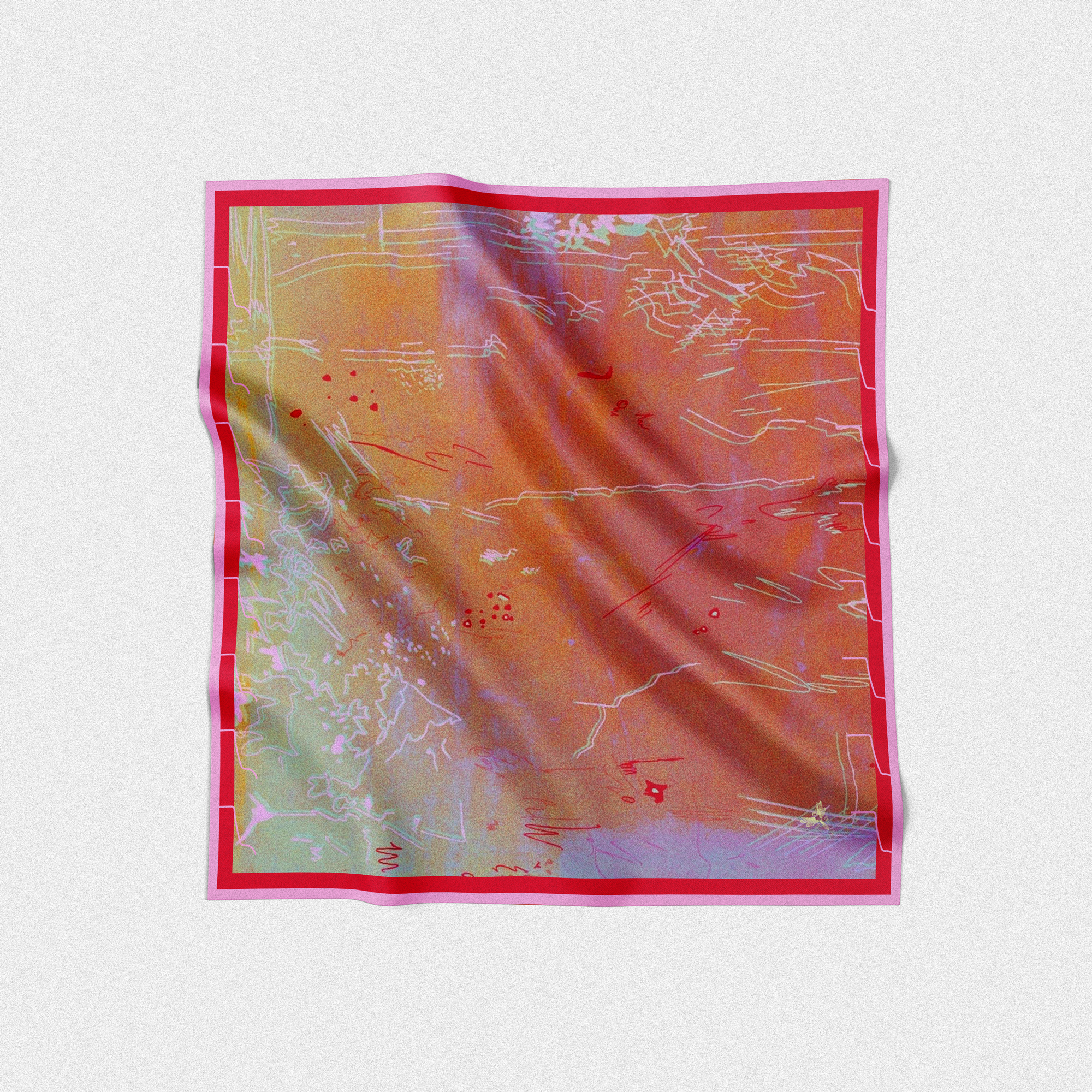 Colorful abstract scarf with orange, pink, red, green and purple hues.
