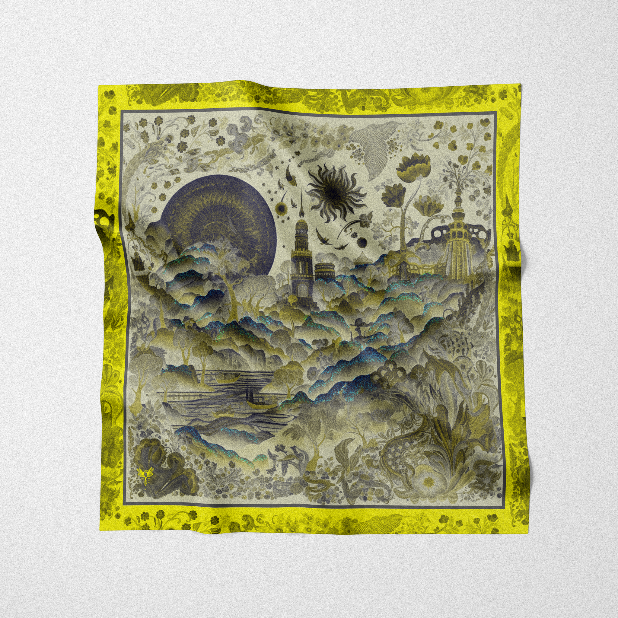 silk twill square scarf designed by artist. organized chaos design in yellow and blue print