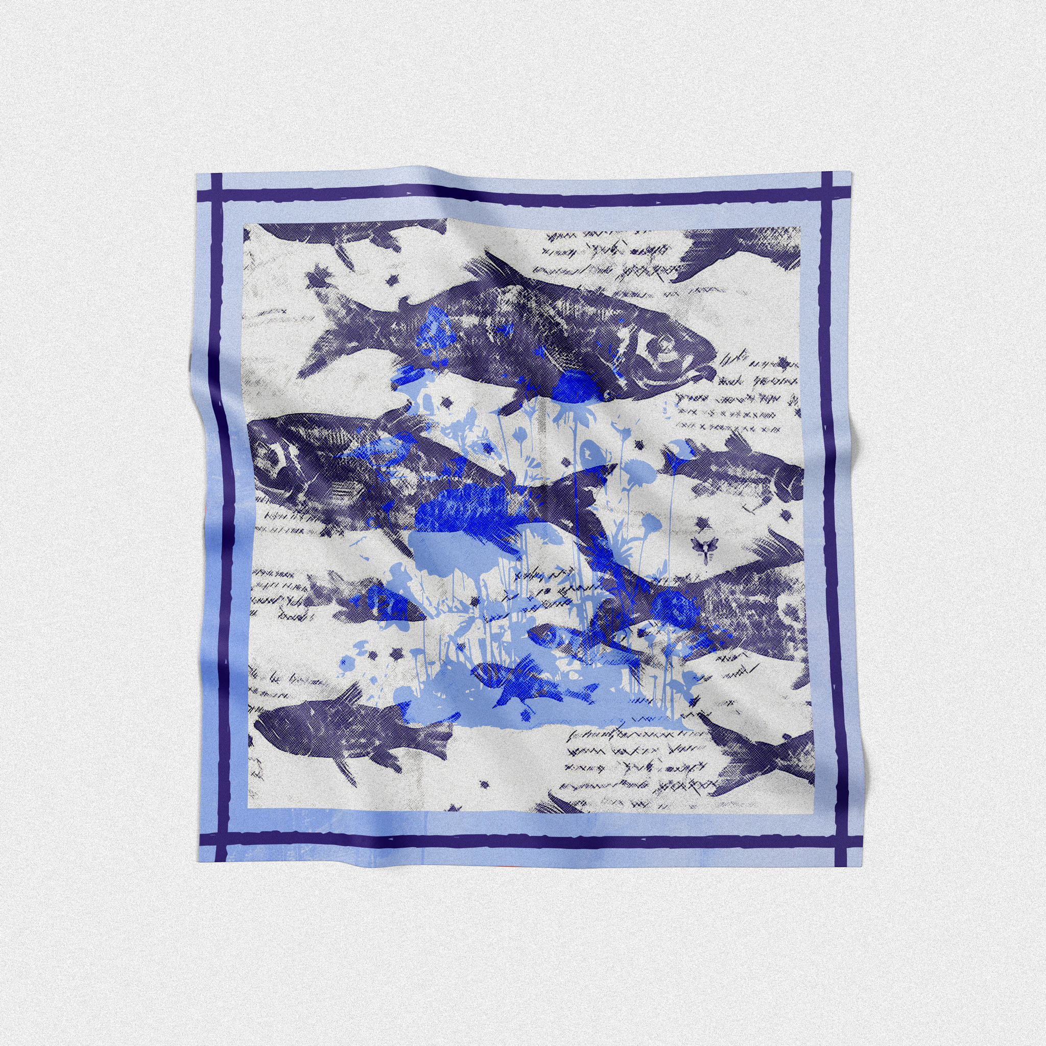 Silk twill square scarf designed by artist. Plenty of fish in the sea design in blue and white