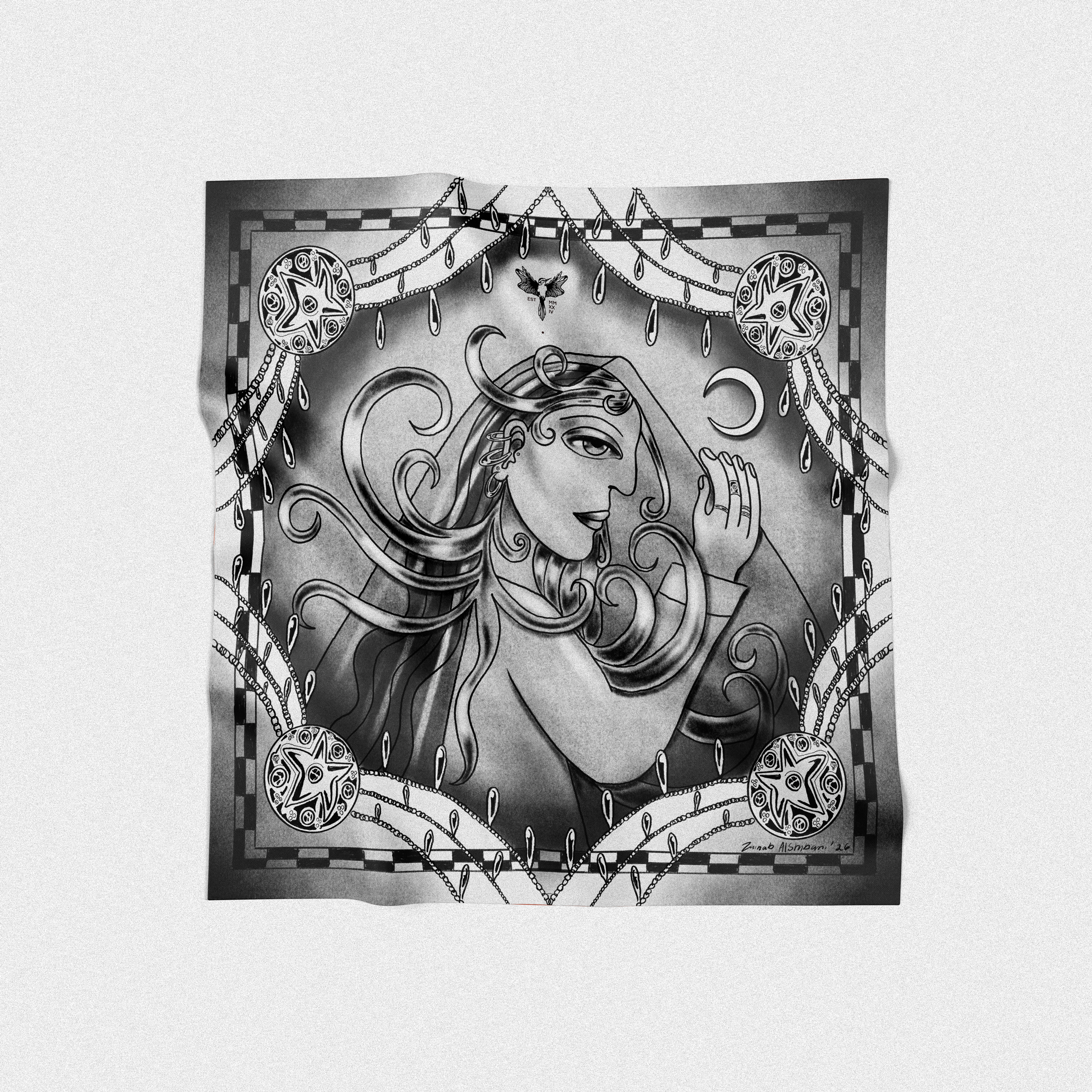 Silk square scarf with a black and white design of a woman's face and decorative elements on a light gray background.