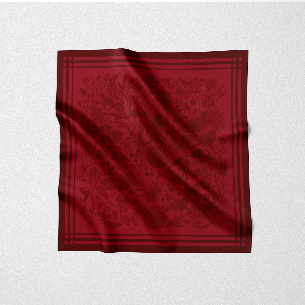 Silk twill square scarf designed by an artist. Ruby rhapsody design, nature drawing in red