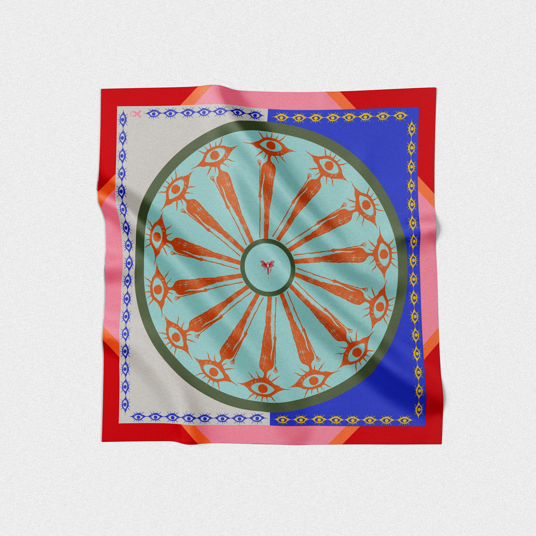 Silk twill square scarf designed by artists. Spin the wheel design with eye print in orange blue pink red colors