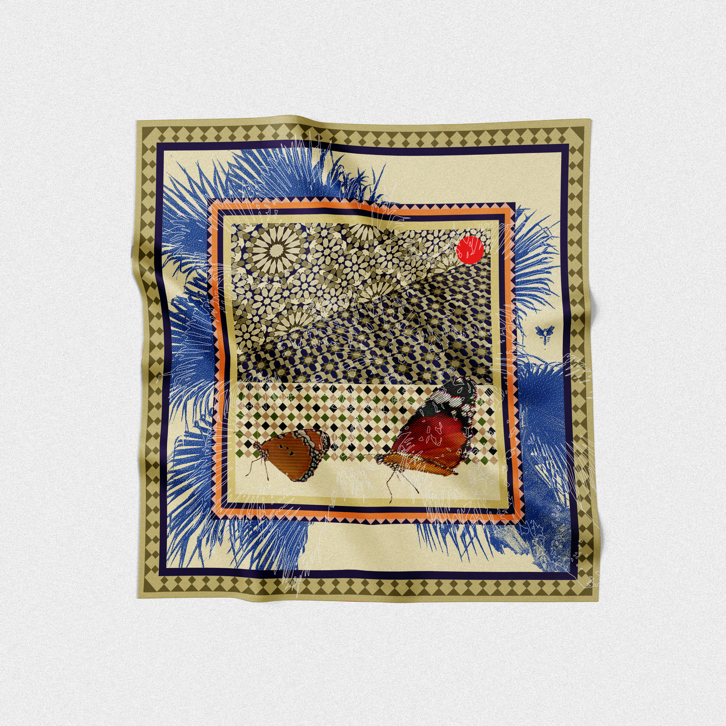 Square scarf with design of flowers, geometrical patterns and butterflies in beige, blue and orange