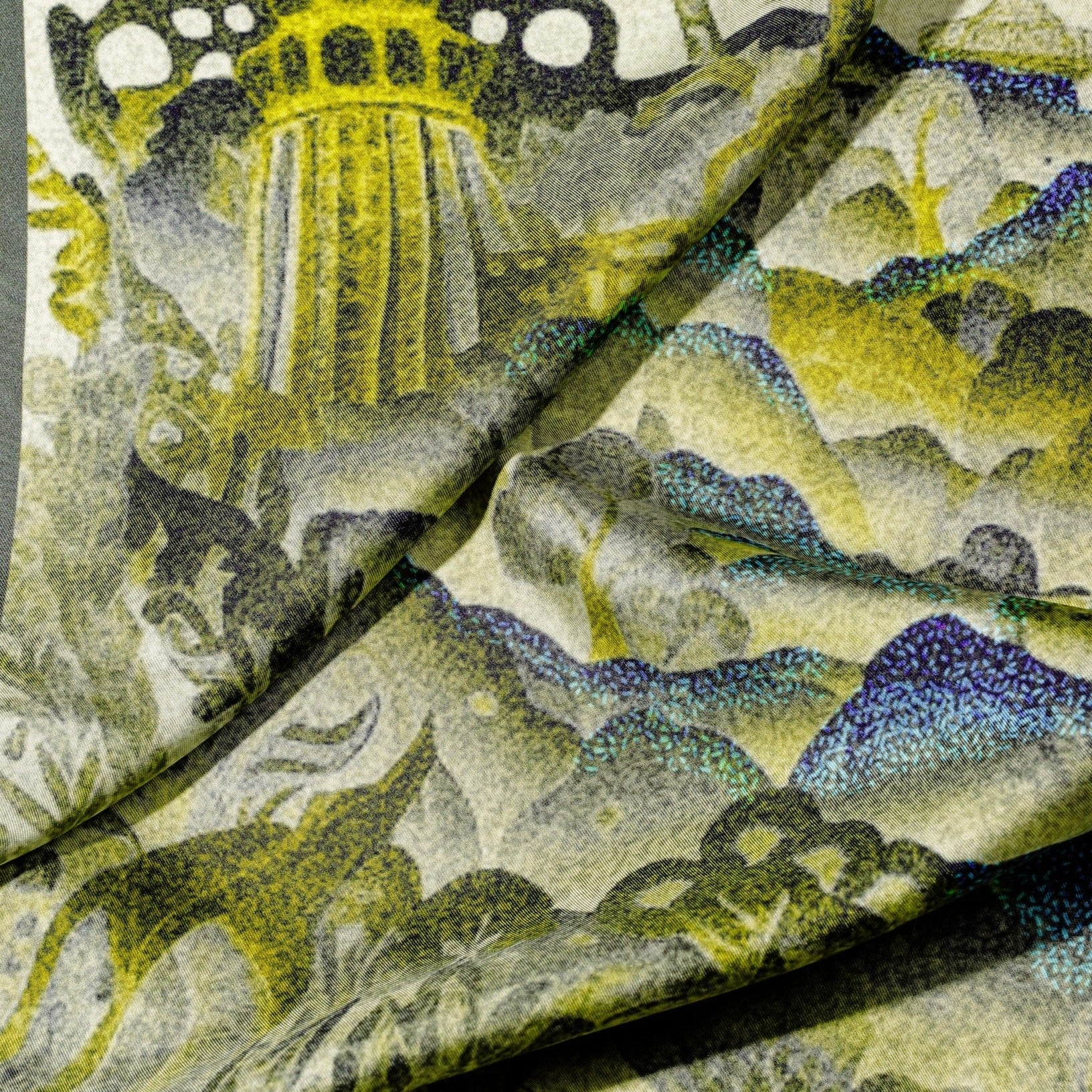 zoom on silk twill fabric in yellow and blue print