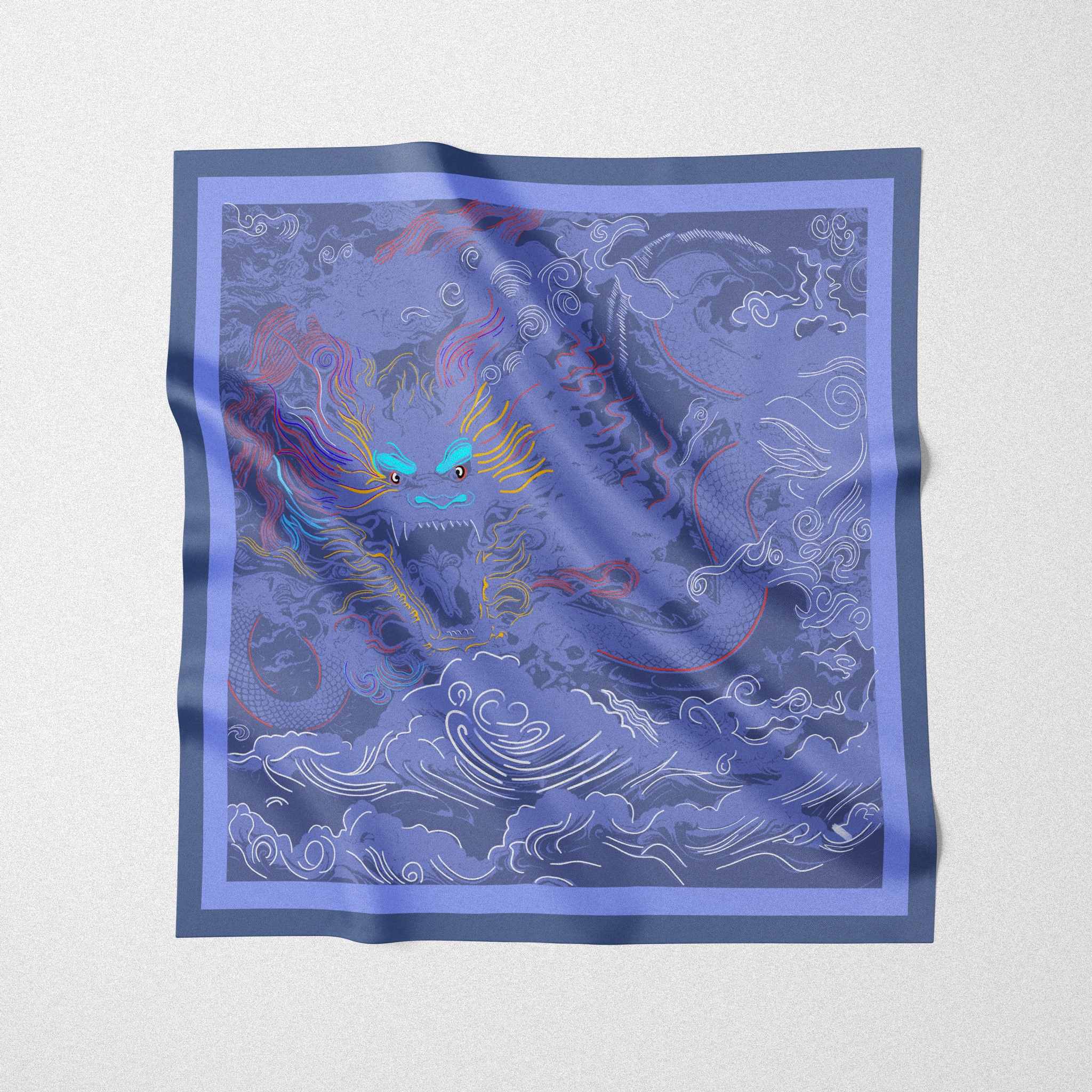 Silk twill square scarf designed by artists. The dragon design in purple print