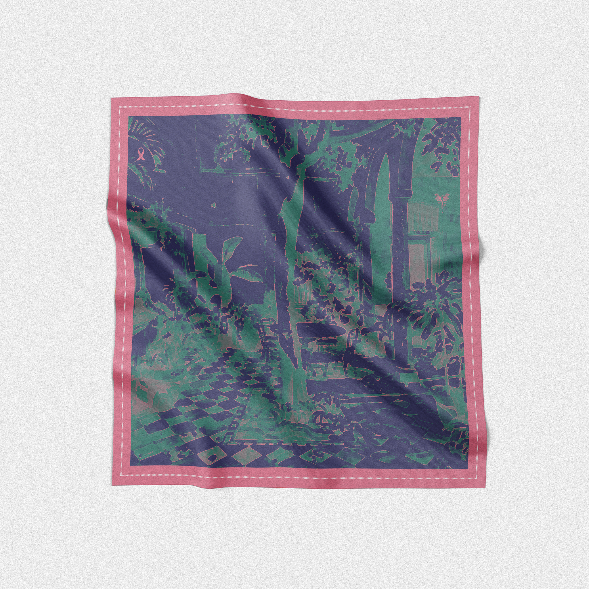 silk twill square scarf designed by artist. the patio design in pink purple and green print 