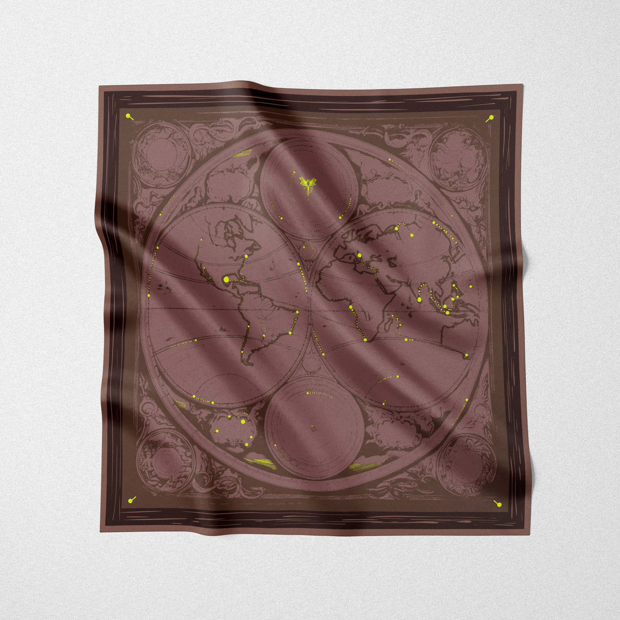 Silk twill square scarf designed by artist. the traveling scarf design of a world map in brown and yellow print