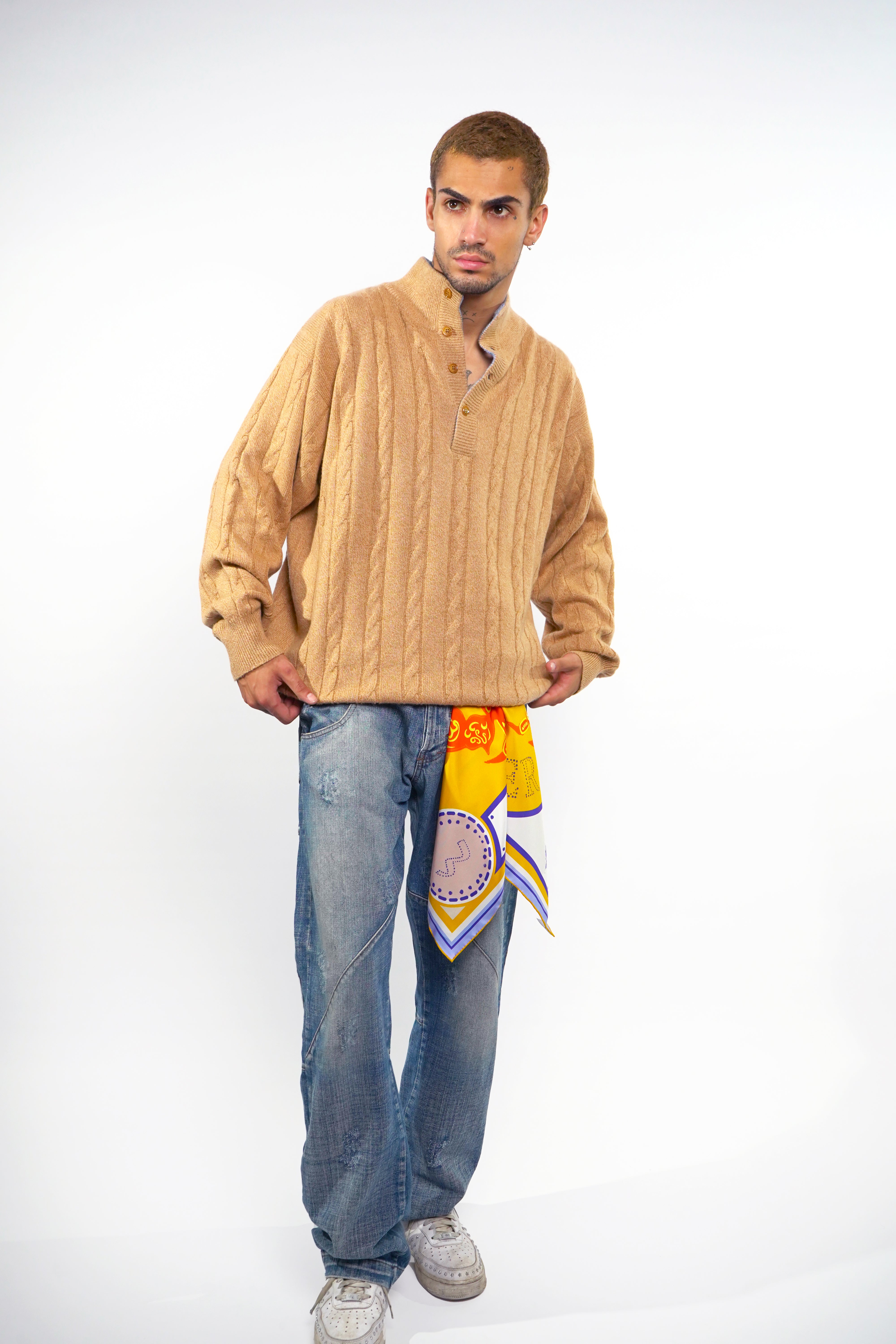 Male model wearing silk twill square scarf as belt