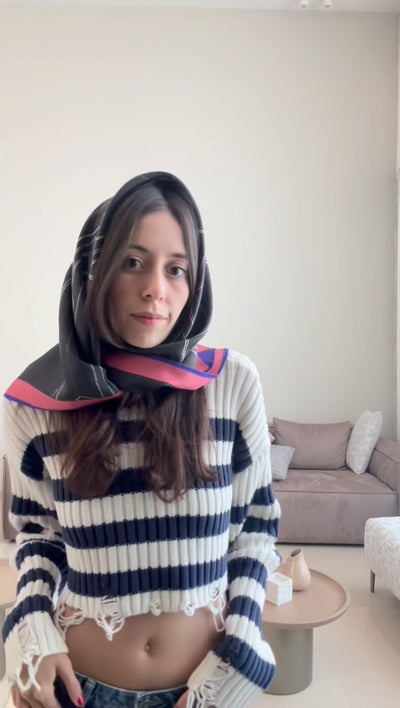 Tutorial video how to style a silk twill square scarf as a head scarf