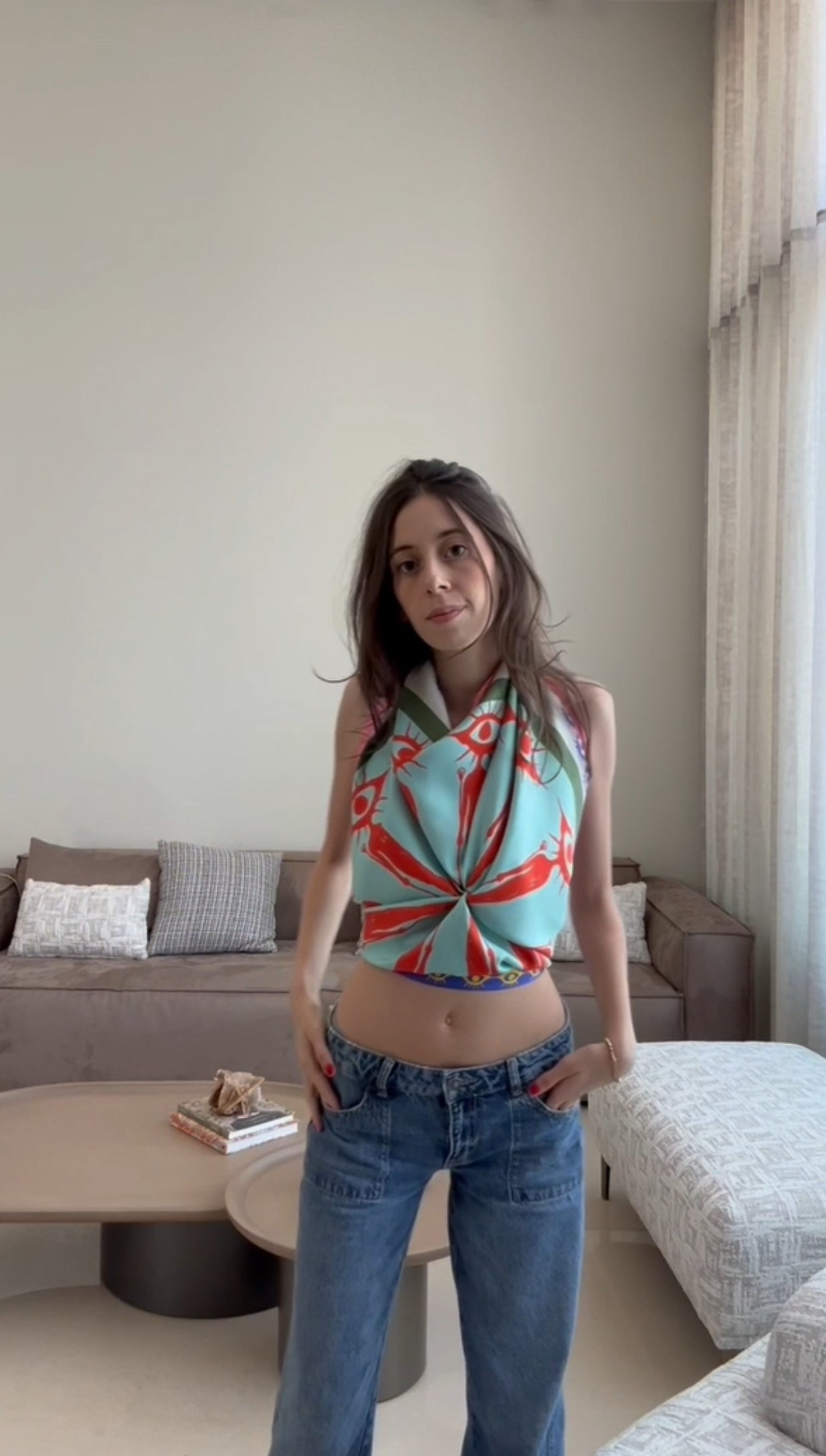 Tutorial video how to style a silk twill square scarf as halter neck top