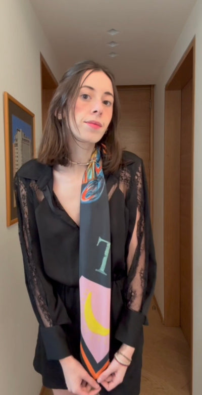 Tutorial video how to style a square scarf as a tie with hermes mors scarf 90 ring