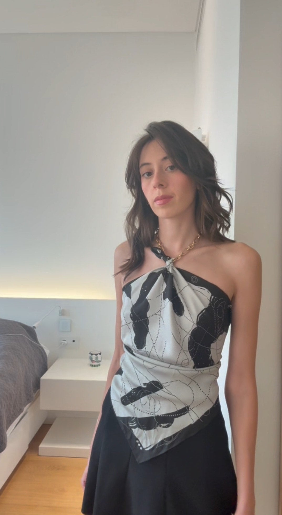 Tutorial how to wear a silk scarf as a top with a chain necklace