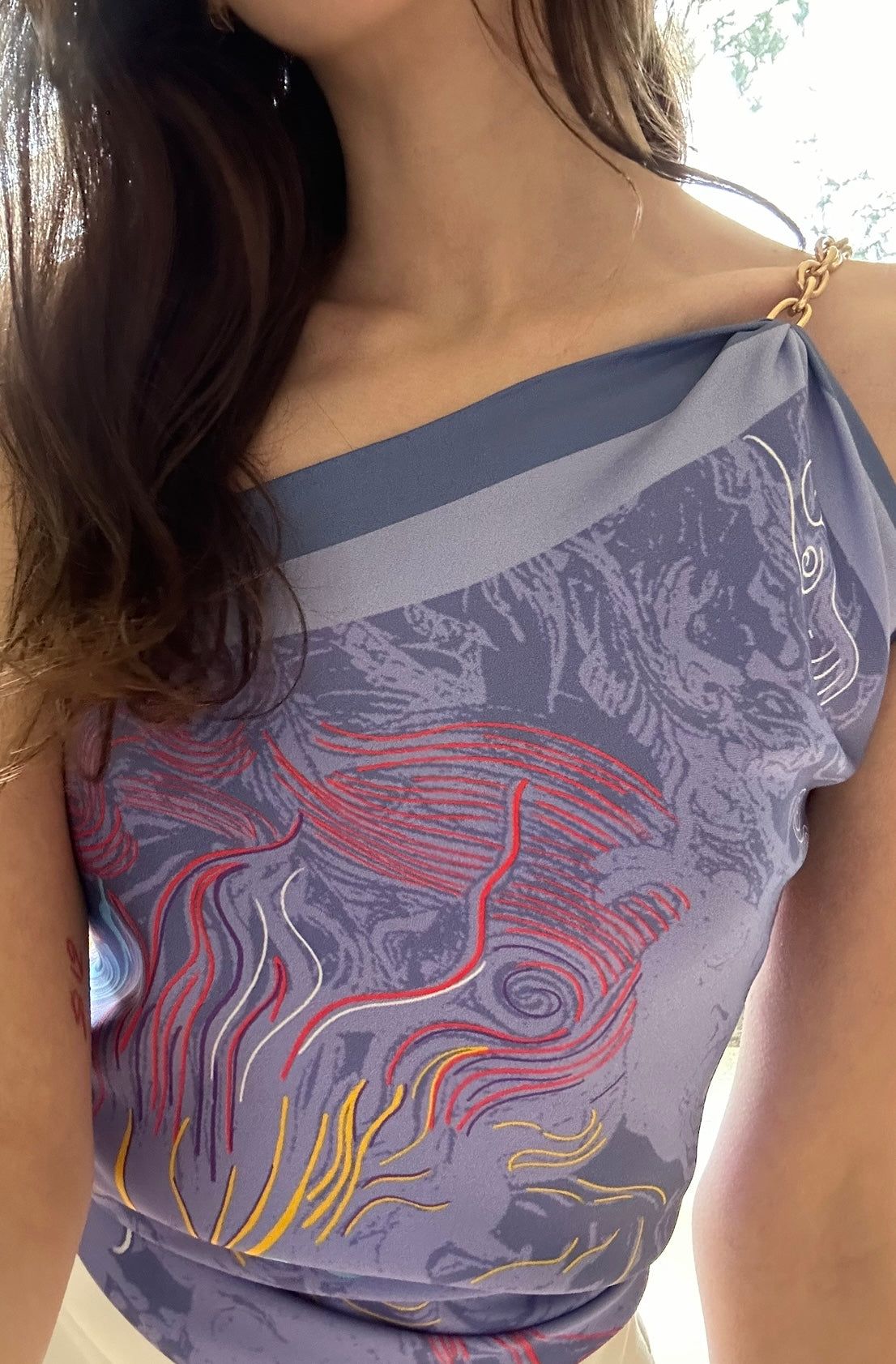 Tutorial video how to style a silk twill square scarf as one shoulder top with chain necklace